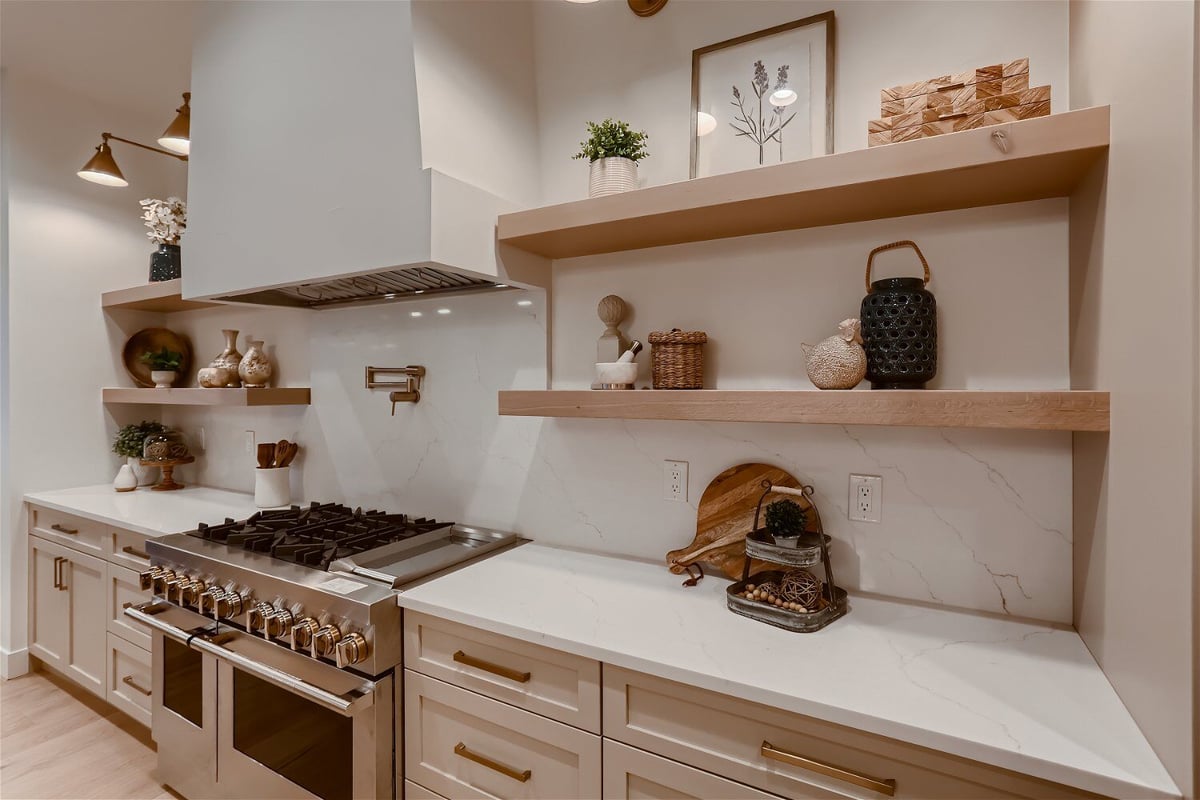 Close-up kitchen detailing with stoves and all kitchen essentials in a Sheffield Homes custom home in Franktown, CO