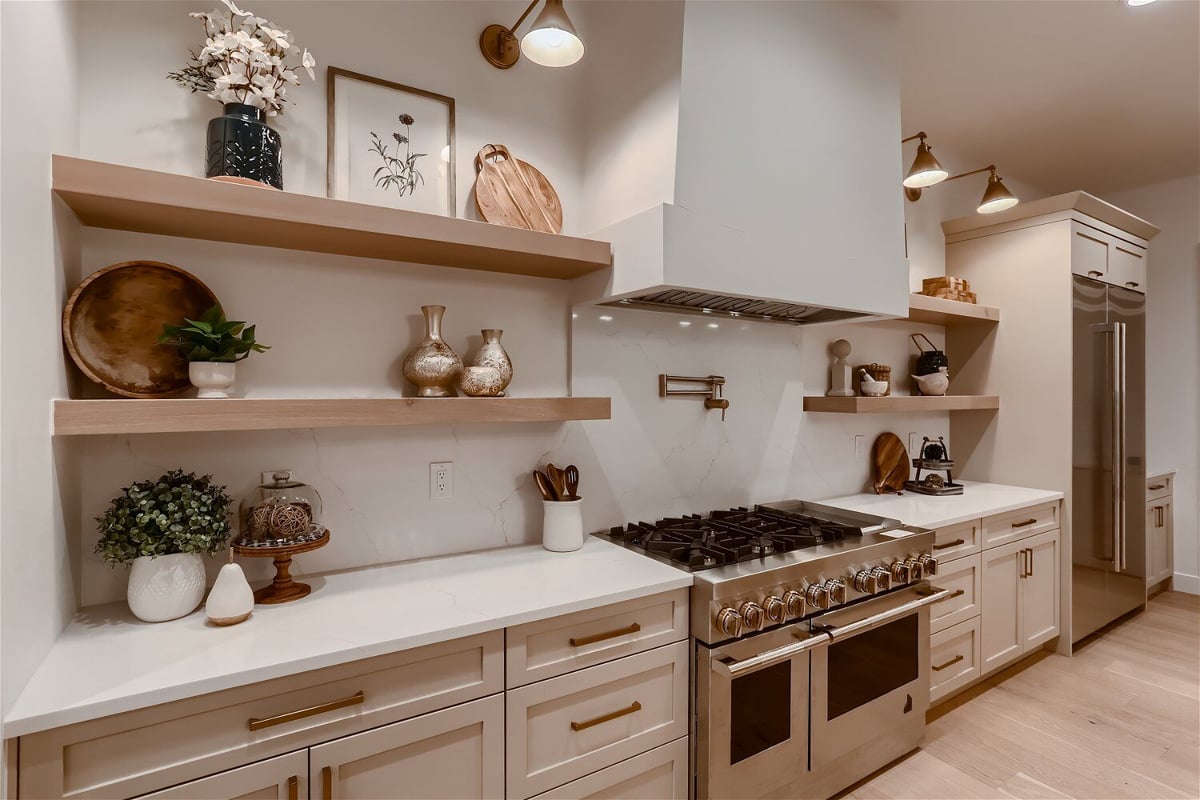 Close-up of kitchen with stoves, essentials, and decor in a Sheffield Homes custom home, Franktown, CO