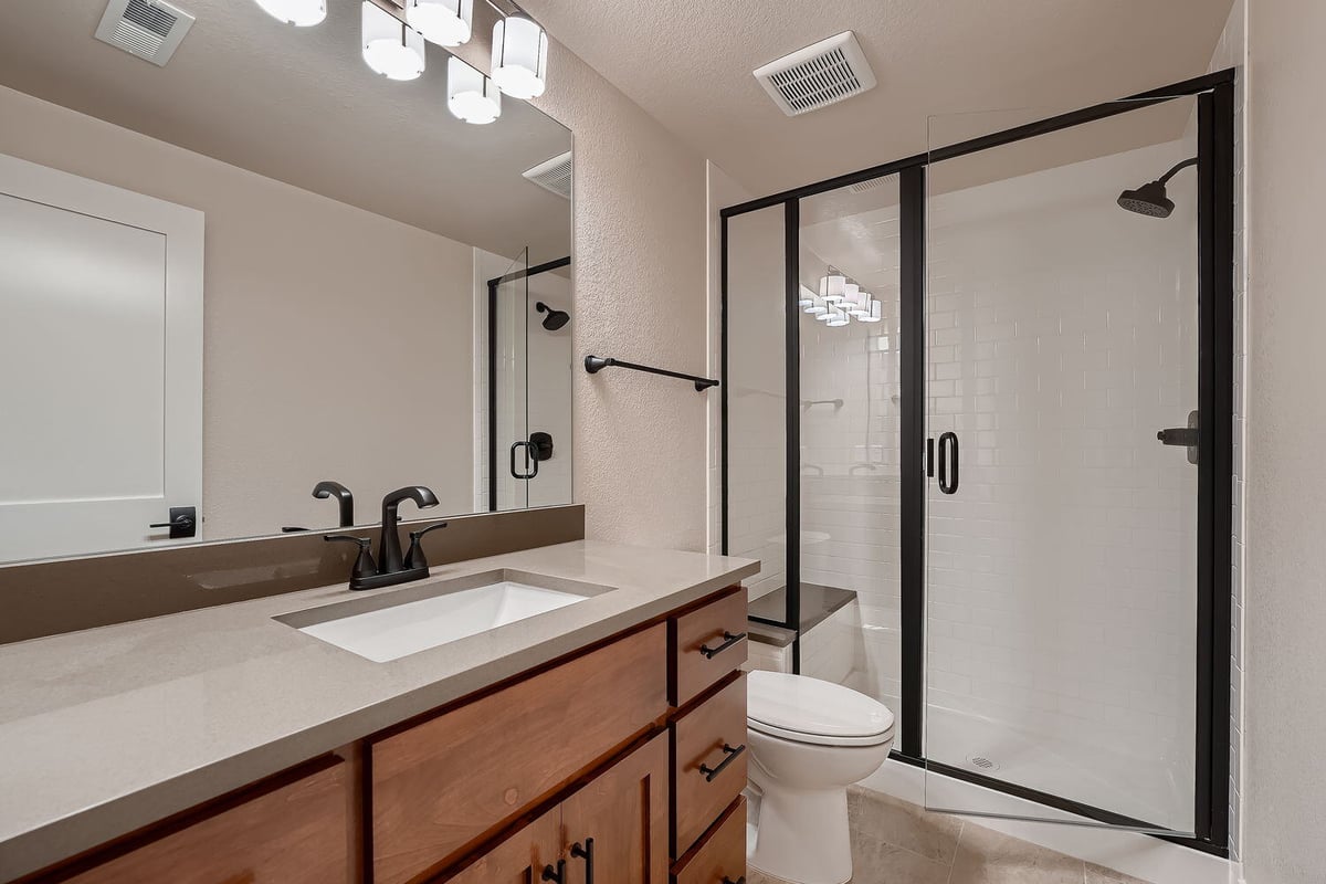 Lower level bathroom with walk-in shower and modern fixtures in a Sheffield Homes custom home, Denver