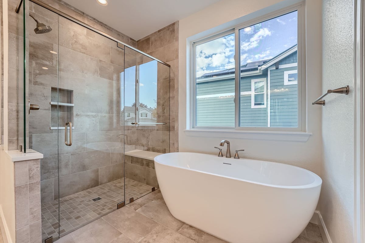 Custom bathroom with glass shower and freestanding tub, Sheffield Homes, Denver, CO