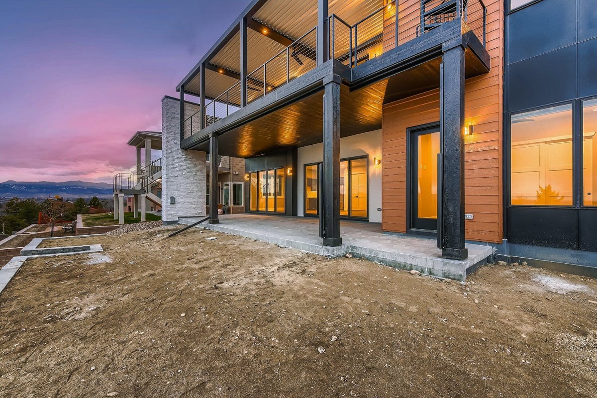 Backyard view with modern patio in Sheffield Homes custom home, Denver, CO