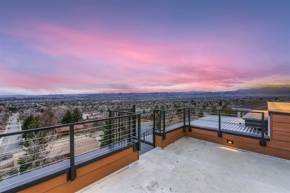 Balcony with scenic city views in custom home by Sheffield Homes, Denver, CO