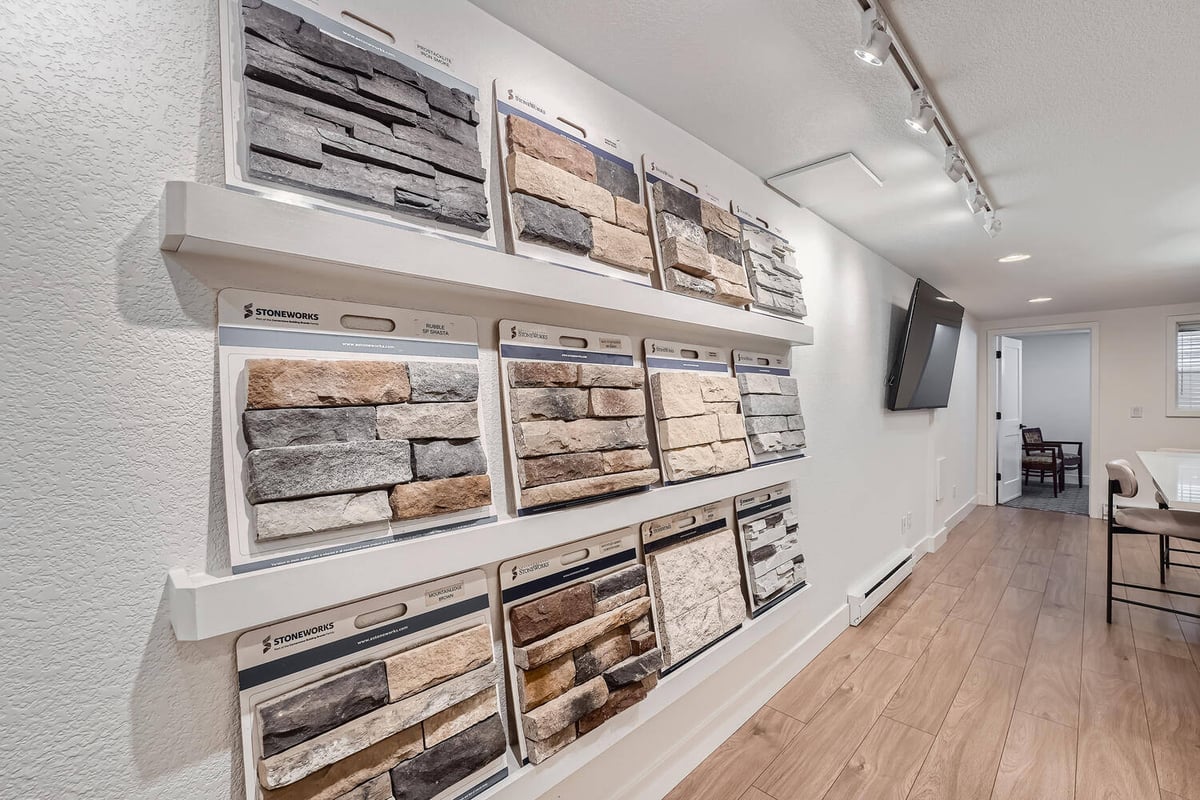 Sheffield Homes stone veneer samples in the Arvada, CO showroom